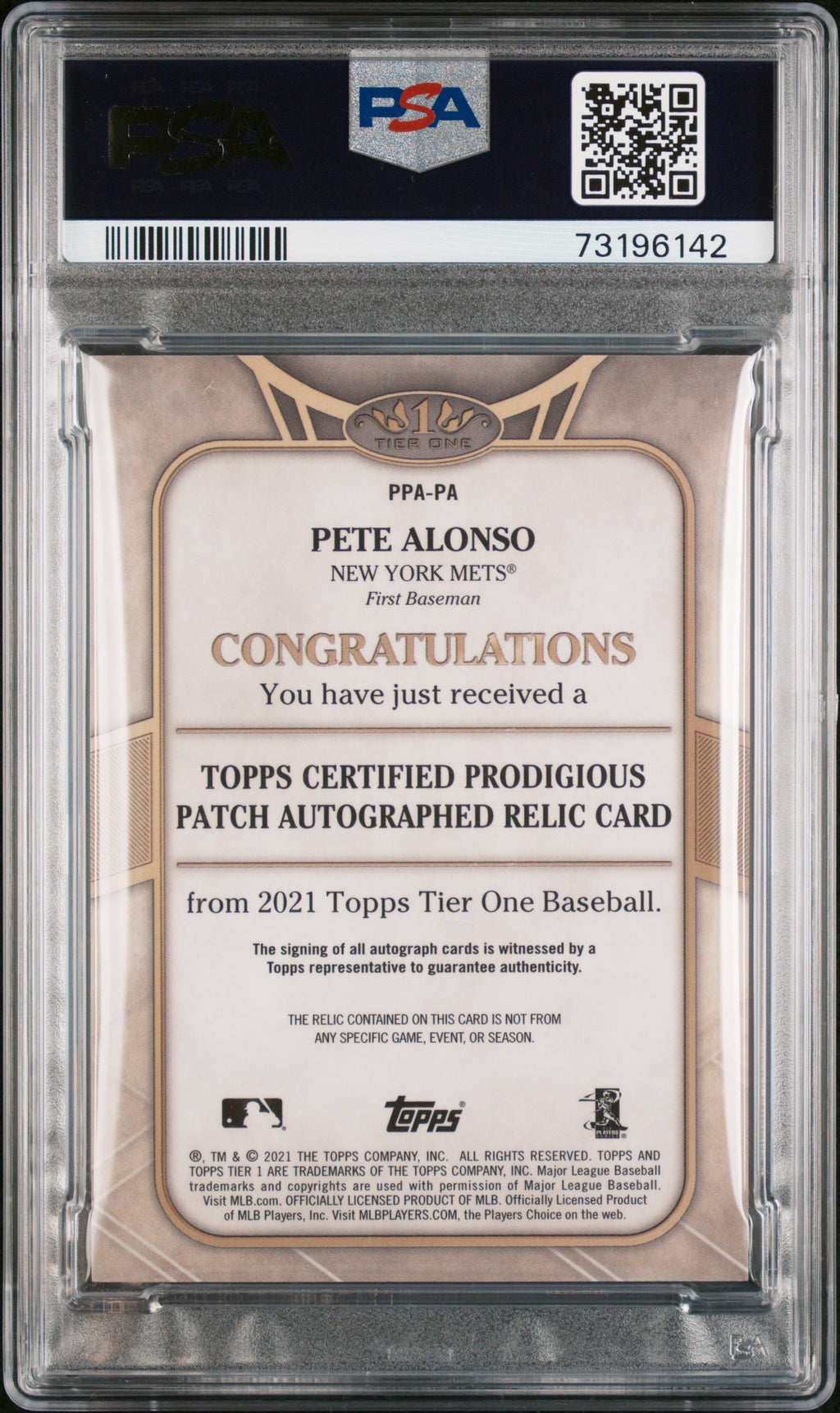 2021 Topps Tier One Autographed Prodigious Patches Pete Alonso (PSA 9 Mint)