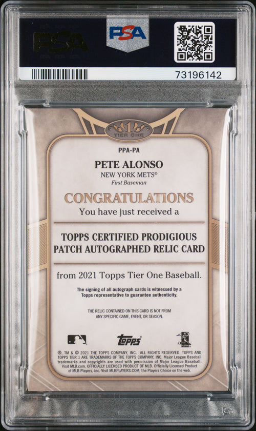 2021 Topps Tier One Autographed Prodigious Patches Pete Alonso (PSA 9 Mint)