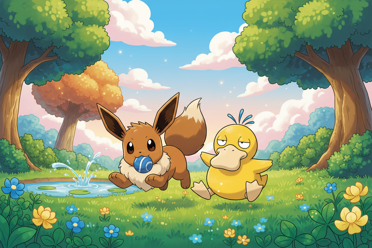 Eevee playing with Psyduck