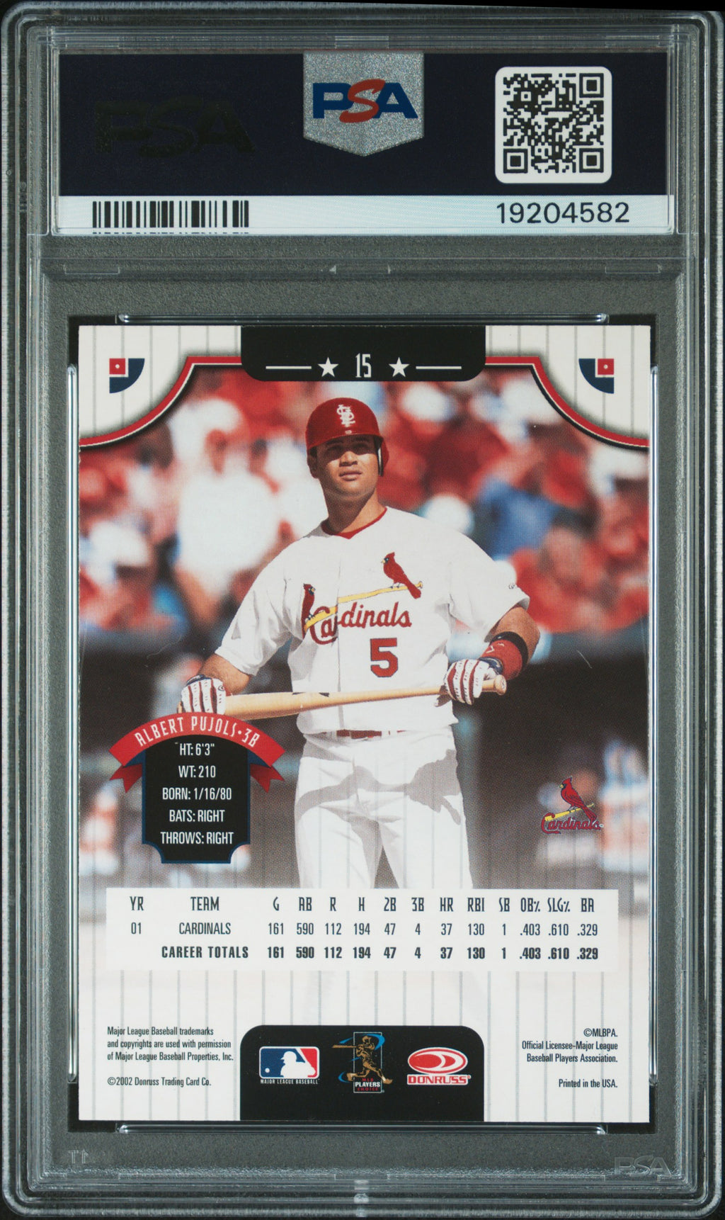 2002 Donruss Albert Pujols #15 (PSA 10 Gem Mint)